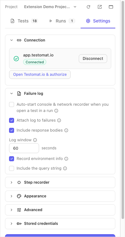 The Settings tab as you arrive: Connection and Failure log open, the rest folded