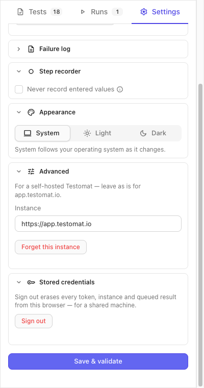 The lower folds open: Step recorder, Appearance, Advanced, Stored credentials